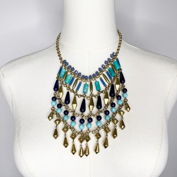 Stella & Dot Malta Bib Statement Necklace Gold and Blue Statement Necklace - Picture 1 of 7